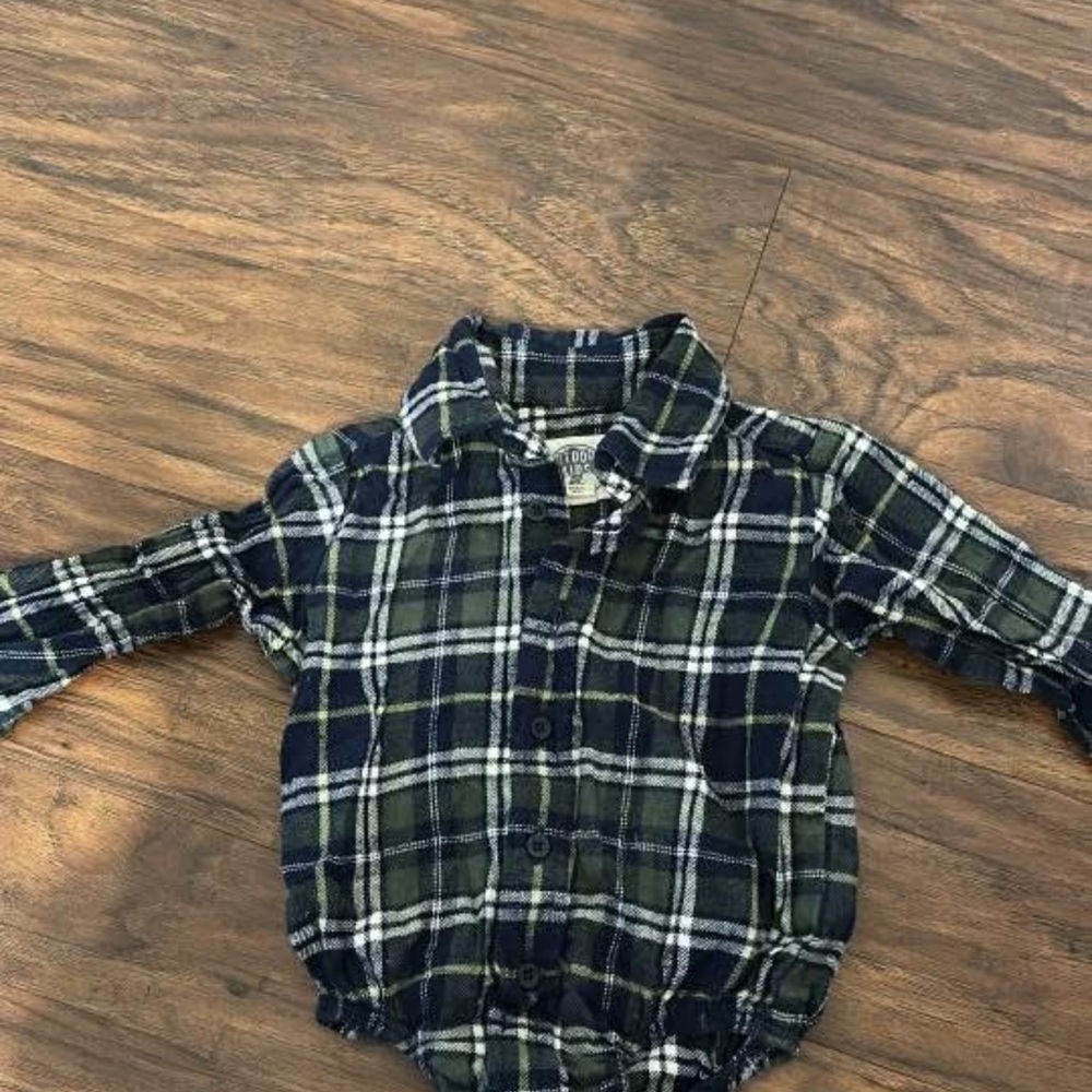 Plaid Button-Front Long-Sleeve Baby Bodysuit - Navy & Green